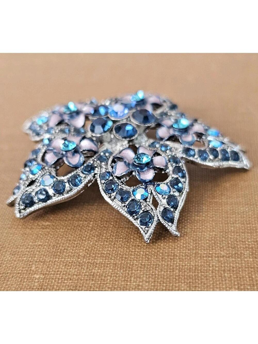 Vintage Blue Rhinestone Flower Brooch Silver Tone Layered Petal Aurora Borealis - Picture 2 of 5